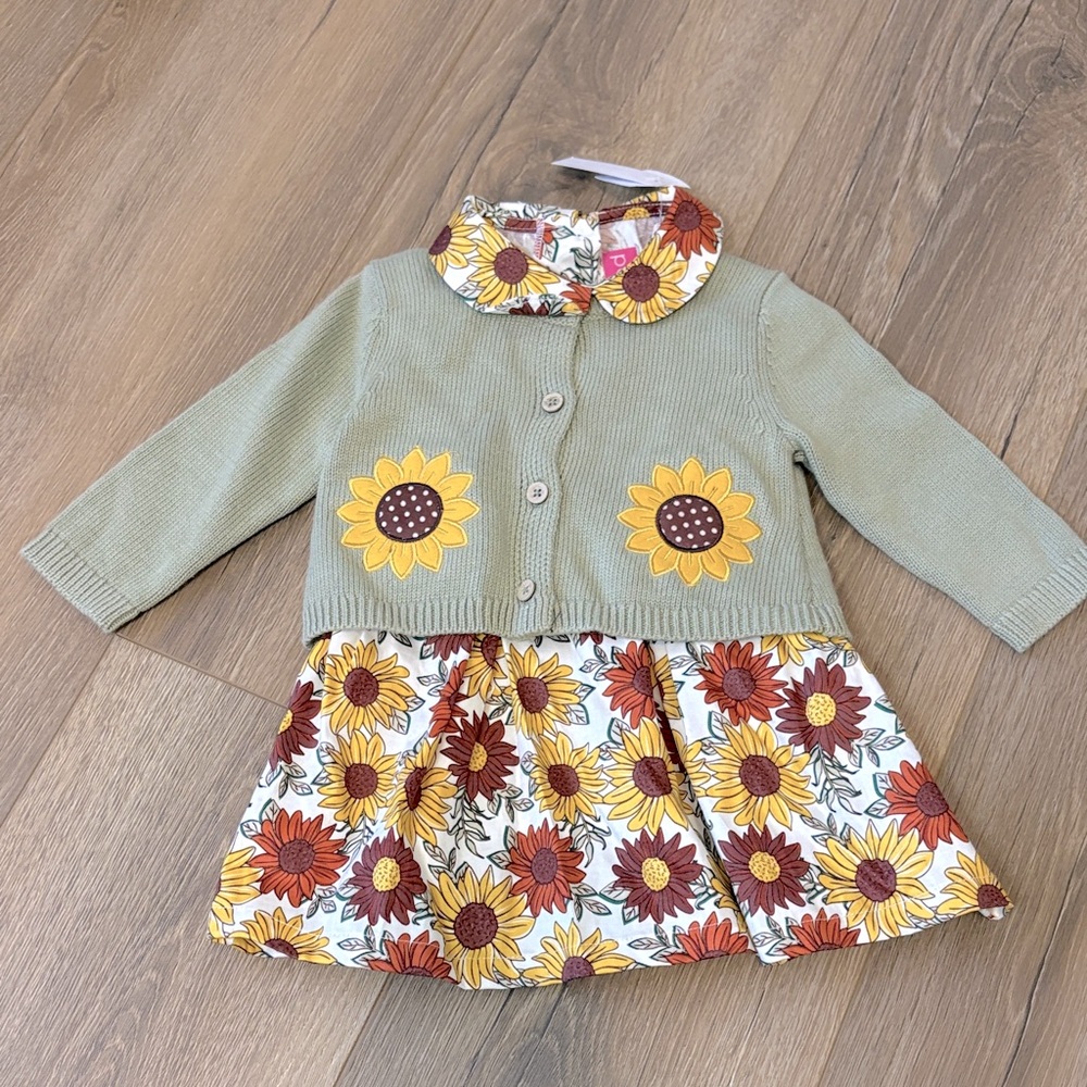 Good Lad Sunflower Print Baby Dress and Button Up Sweater NWT